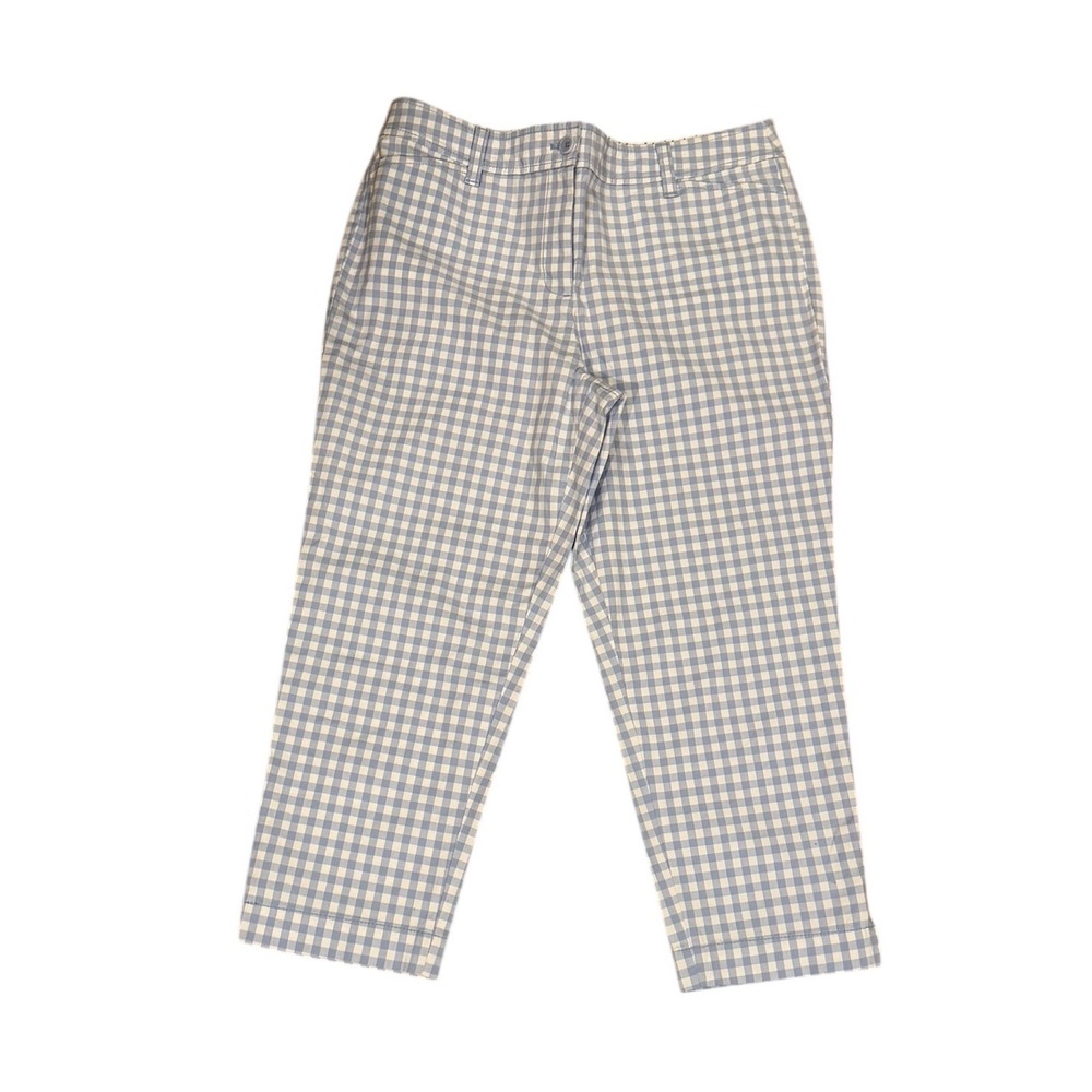 Talbots Womens Perfect Crop Pant Gingham Blue White Casual Button Fly Size 10P
